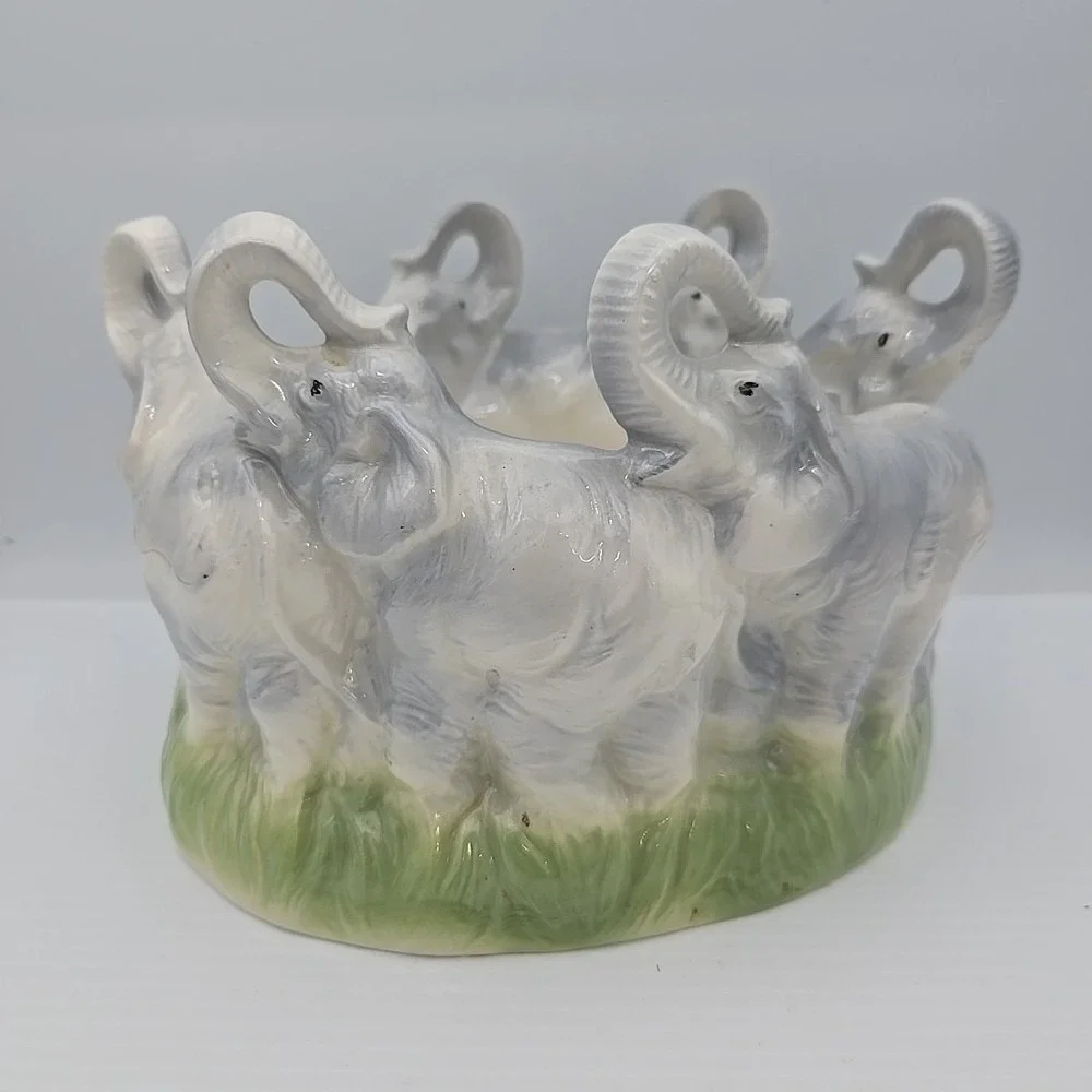 Vintage Ceramic Elephants Marching Bowl Trunks Up Decorative Tabletop Animal‎